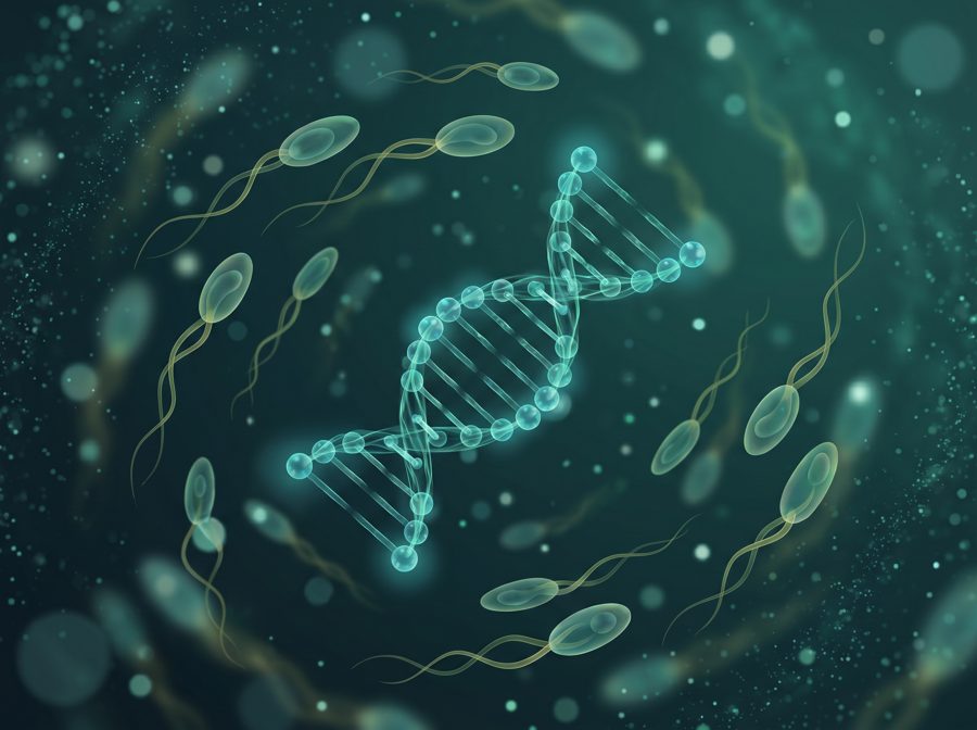 DNA sarmalı ve sperm hücrelerini gösteren illüstrasyon